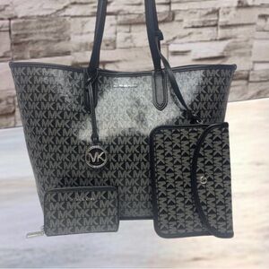 Michael Kors Eliza XL Tote + Pouch & Wallet Set MK Signature Logo Black